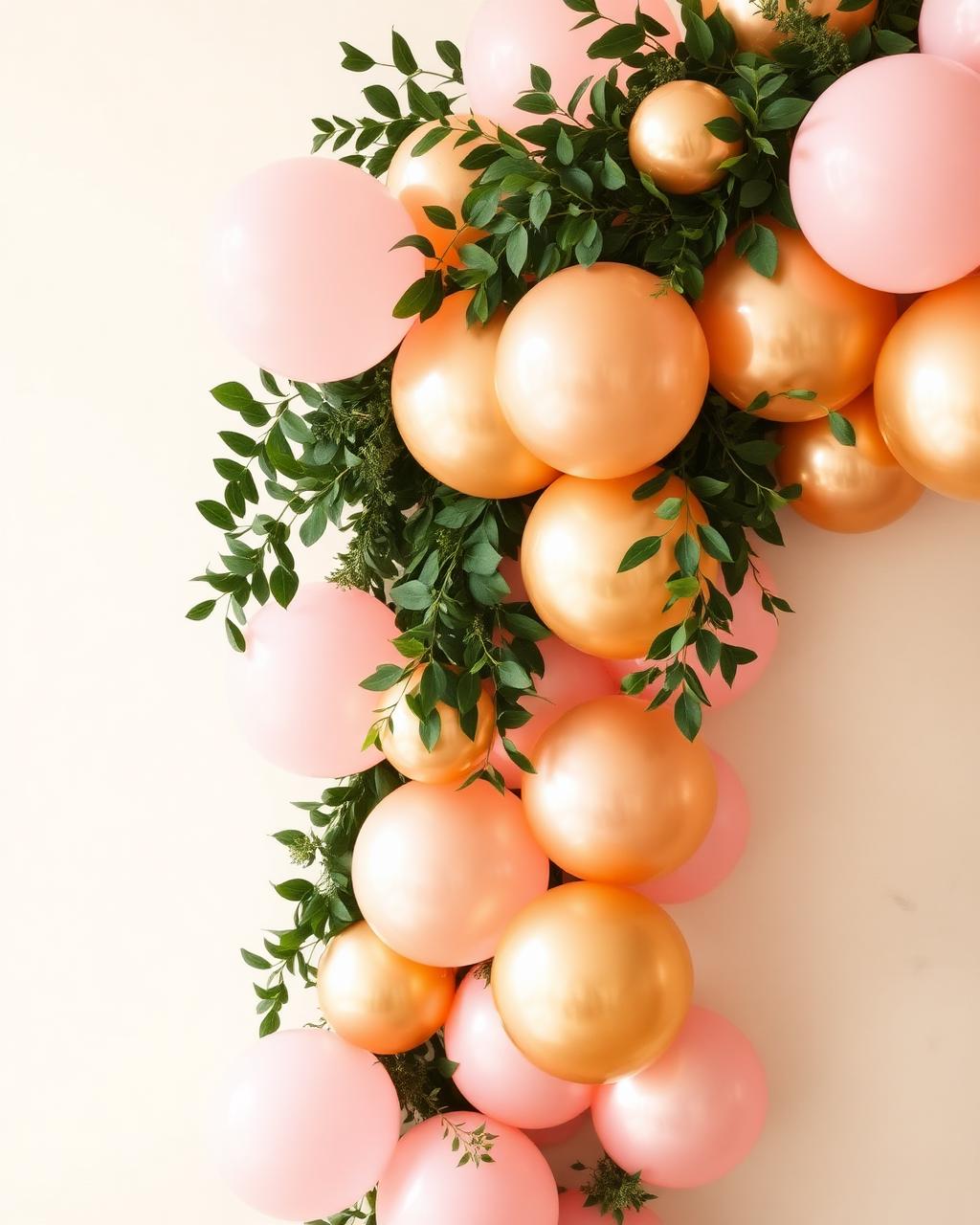 Blush and gold balloon garland with greenery